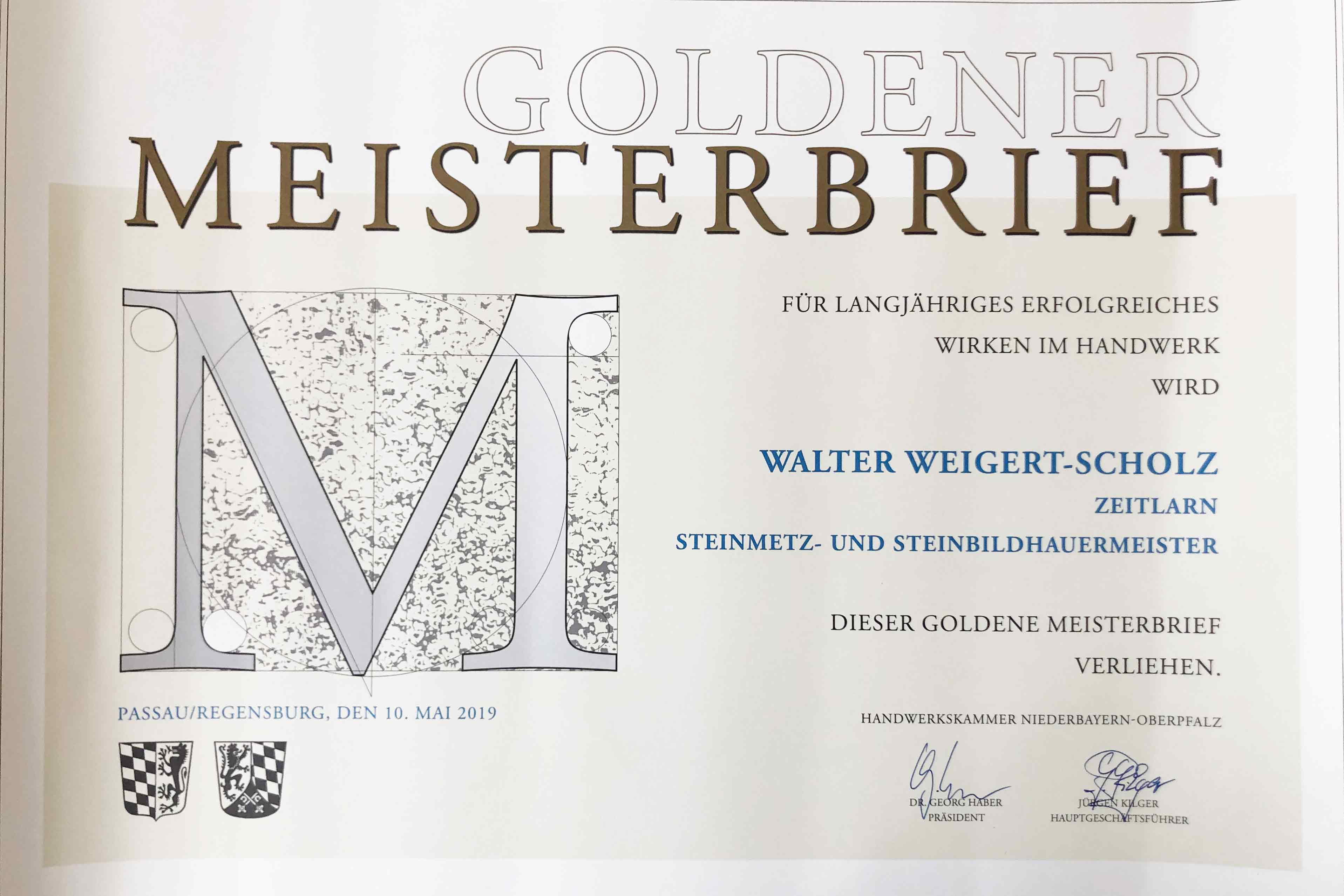 Goldener Miesterbrief Walter Weigert Scholz